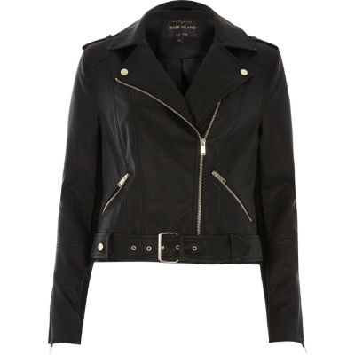 Black leather look belted biker jacket